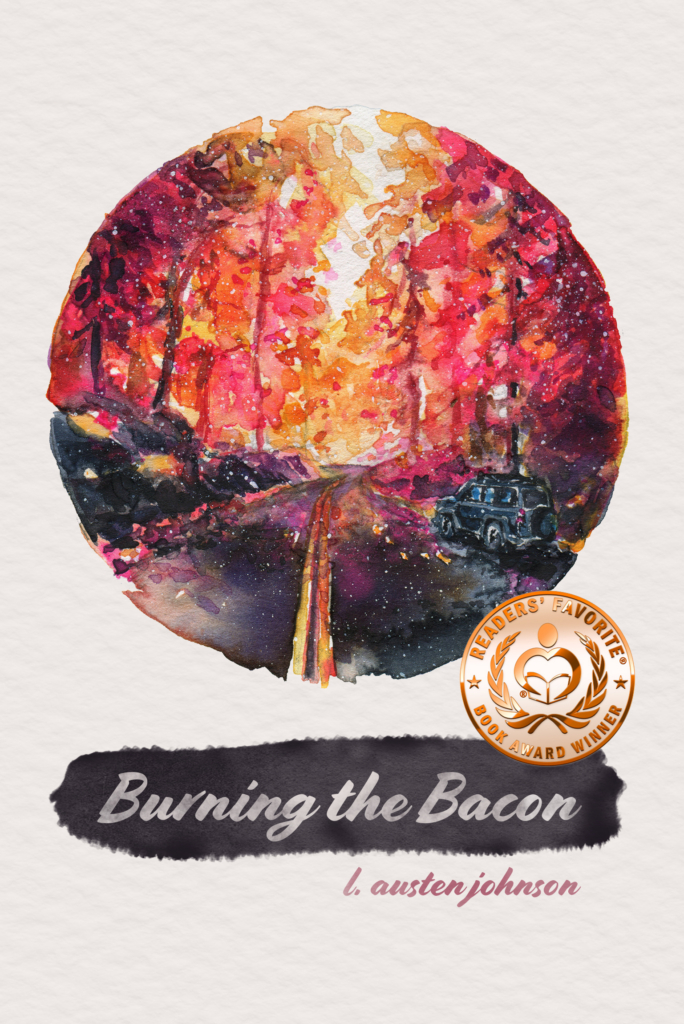 Bok cover for Burning the Bacon showing watercolor painting of fall.