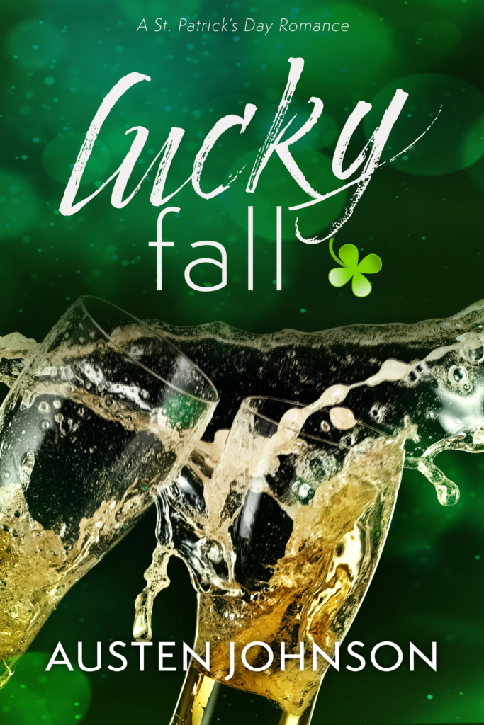A green book cover with two pint glasses bumping into one another and spilling. The title reads Lucky Fall