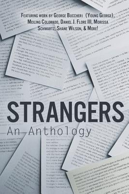 Sheets of paper covered with text from the anthology behind the title Strangers: An Anthology